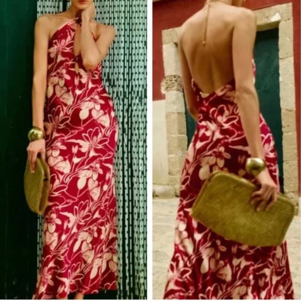 Reformation Yesenia Silk Halter Maxi Dress Small Las Dalias Red Floral